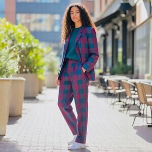 Giorgio Sant’Angelo Vtg 90s Women L Tartan Plaid Wool Pant Suit Holiday Blazer